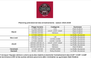 Rappel - planning des entraînements pour la saison 2024 - 2025